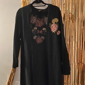 Longline wool embroidered open cardigan